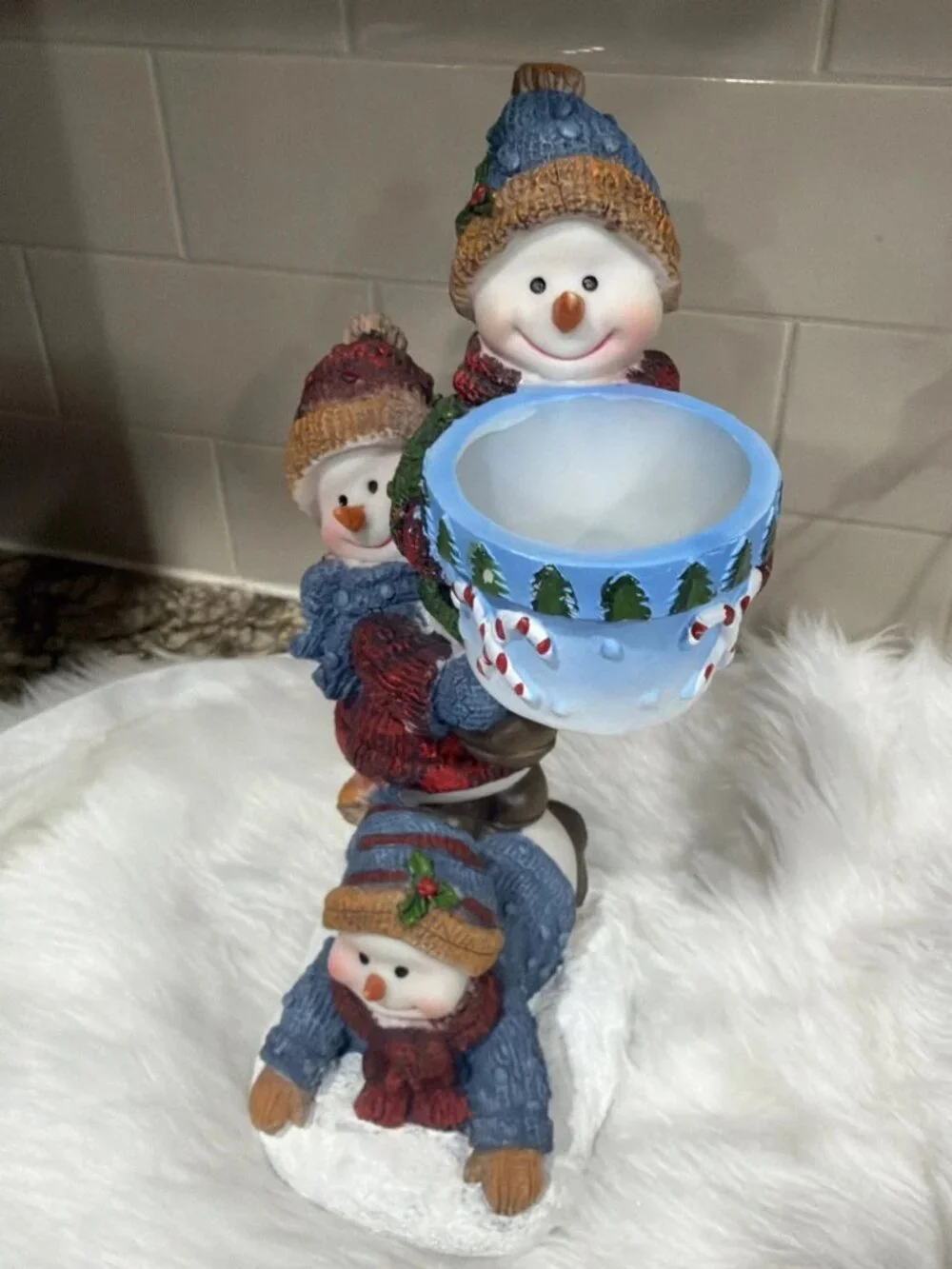 Vintage Home Interiors Stacked Snowmen Votive Candle Holder Resin 2003 10”